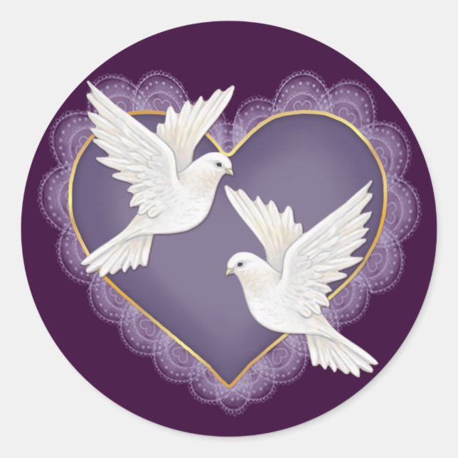 Heart and Doves - Purple Classic Round Sticker (Front)