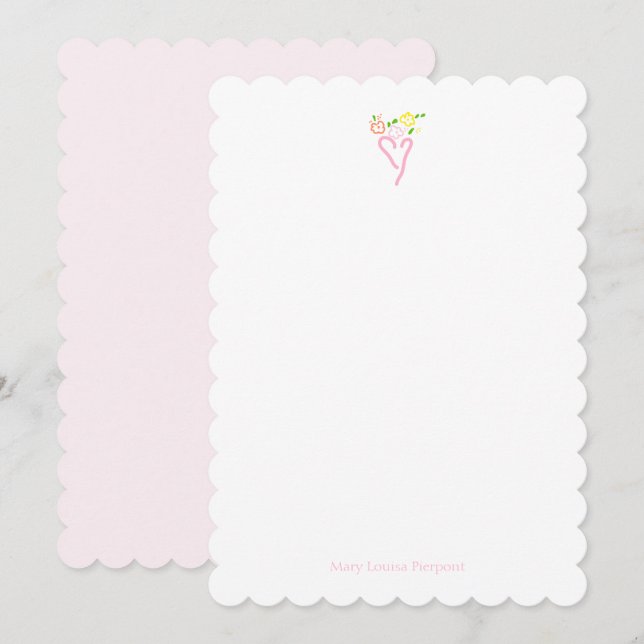 Heart and Flower Scalloped Personalized Note Card (Front/Back)