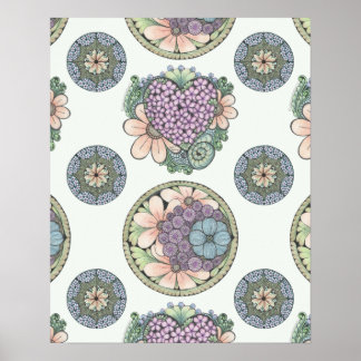 Heart and flowers doodle art print, large poster