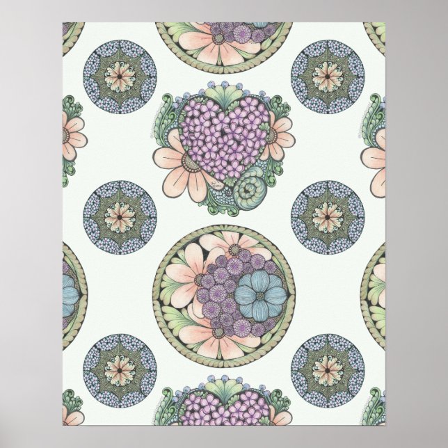Heart and flowers doodle art print, large poster (Front)