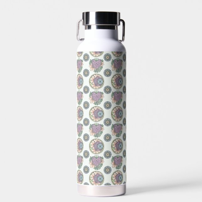 Heart and flowers doodle art water bottle (Front)