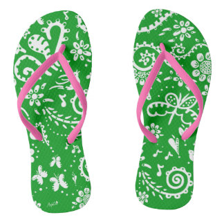 heart and flowers green flip flops