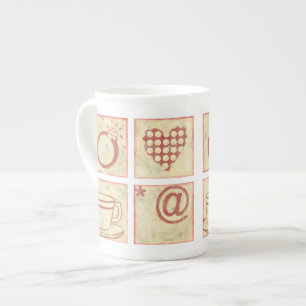 Heart and Ring Woodblock Drawings Bone China Mug