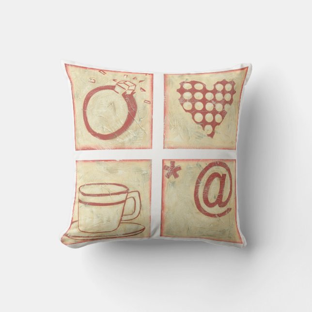 Heart and Ring Woodblock Drawings Throw Pillow (Front)