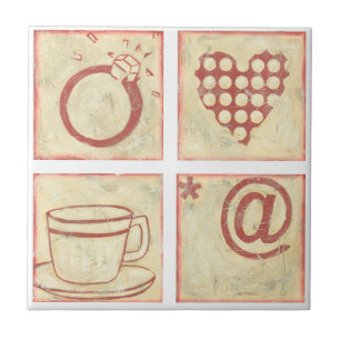 Heart and Ring Woodblock Drawings Tile