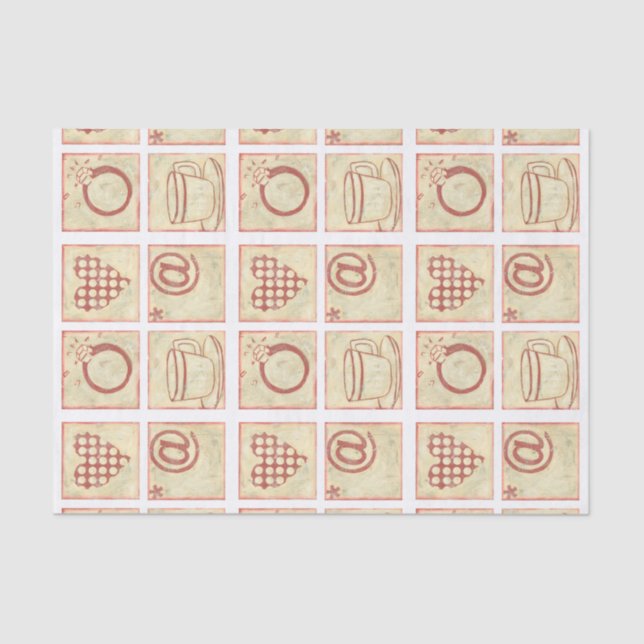 Heart and Ring Woodblock Drawings Tissue Paper (Front)