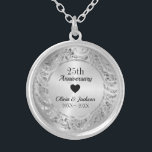 Heart And Silver Ornament Silver Plated Necklace<br><div class="desc">Elegant silver grey floral ornament on a silver background and black heart in the middle.  Year anniversary can be changed</div>