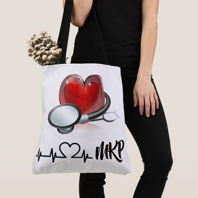 Heart and Stethoscope Large Monogram Tote (Close Up)