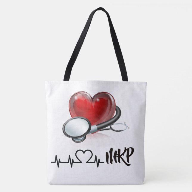 Heart and Stethoscope Large Monogram Tote Bag (Front)
