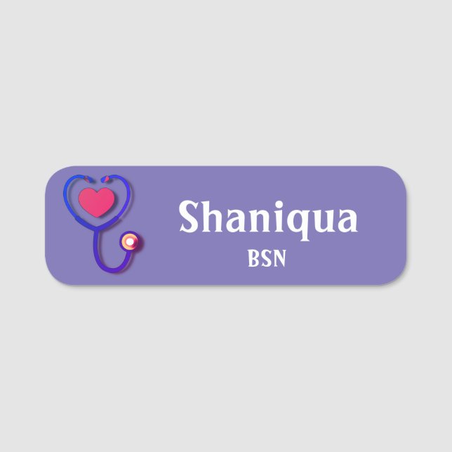 Heart and Stethoscope Medical Purple Name Tag (Front)