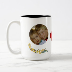 Heart and Two Photos - floral - Personalize Two-Tone Coffee Mug