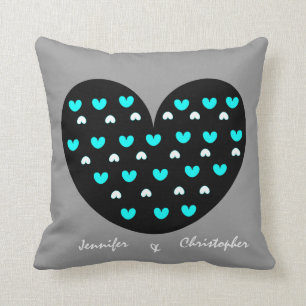 Heart Anniversary Pillow, w Names/Date; Grey/Aqua Throw Pillow