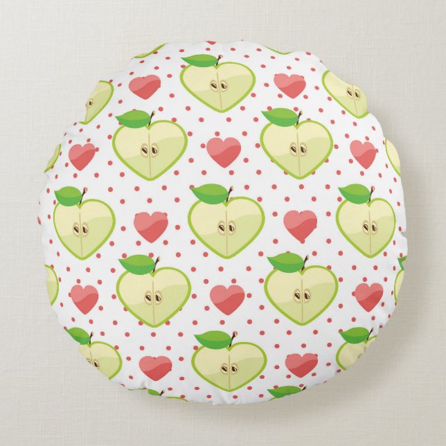 Heart Apples with Pink Polka Dots And Hearts Round Pillow (Front)