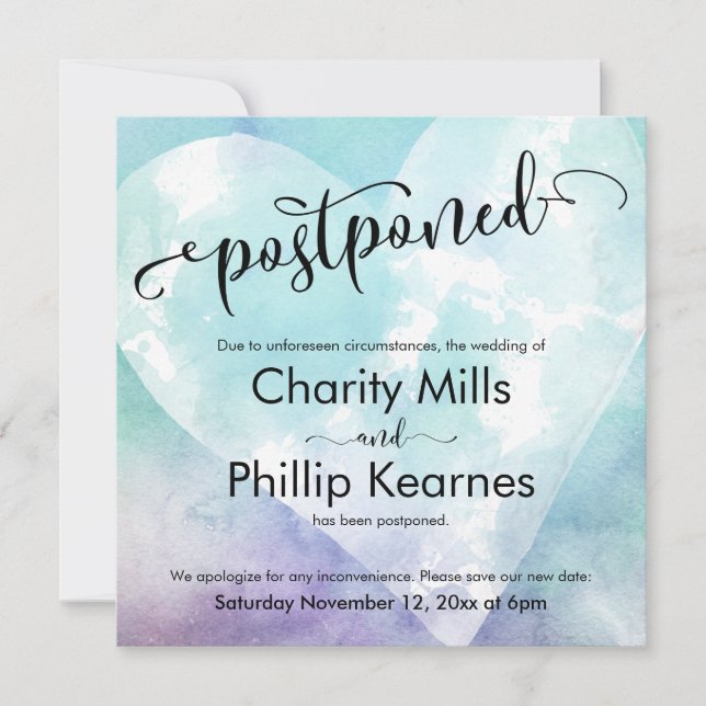 Heart Aqua Purple Postpond Mariage Faire-part (Devant)