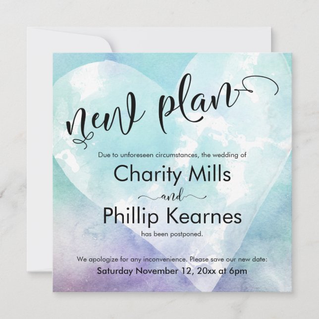 Heart Aqua Purple Postponed Wedding New Plan Card (Front)