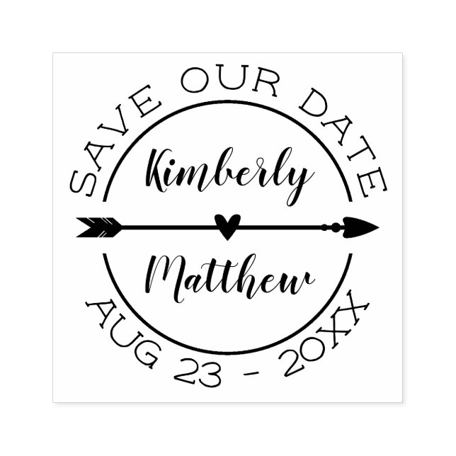 Heart Arrow Calligraphy Names Save Our Date Rubber Stamp (Imprint)