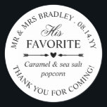 Heart Arrows His Favourite Wedding Candy Favour Classic Round Sticker<br><div class="desc">Personalized his favourite wedding candy stickers for your wedding treat bags you'll give to your guests as a thanks for attending your wedding! In curved text, add your names, wedding date, and a thank you. Write the type of treat the bag or package contains. The his favourite wedding stickers feature...</div>