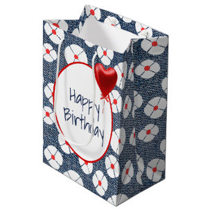 Heart Balloon on Floral Denim Medium Gift Bag