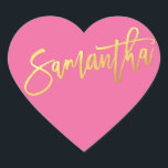 HEART BAT MITZVAH modern pink gold script SAMANTHA Sticker<br><div class="desc">by kat massard >>> WWW.SIMPLYSWEETPAPERIE.COM <<< *** NOTE - THE SHINY GOLD FOIL EFFECT IS A PRINTED PICTURE *** - - - - - - - - - - - CONTACT ME for custom "faux gold foil effect type" Love the design, but would like to see some changes - another...</div>