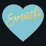 HEART BAT MITZVAH turquoise gold script SAMANTHA Heart Sticker<br><div class="desc">by kat massard >>> WWW.SIMPLYSWEETPAPERIE.COM <<< *** NOTE - THE SHINY GOLD FOIL EFFECT IS A PRINTED PICTURE *** - - - - - - - - - - - CONTACT ME for custom "faux gold foil effect type" Love the design, but would like to see some changes - another...</div>