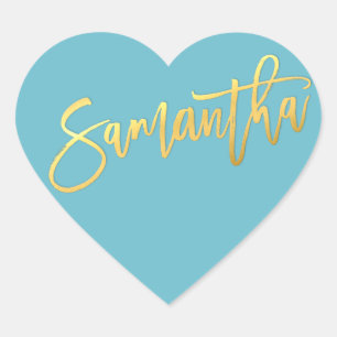 HEART BAT MITZVAH turquoise gold script SAMANTHA Heart Sticker