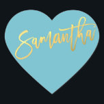 HEART BAT MITZVAH turquoise gold script SAMANTHA Sticker<br><div class="desc">by kat massard >>> WWW.SIMPLYSWEETPAPERIE.COM <<< *** NOTE - THE SHINY GOLD FOIL EFFECT IS A PRINTED PICTURE *** - - - - - - - - - - - CONTACT ME for custom "faux gold foil effect type" Love the design, but would like to see some changes - another...</div>