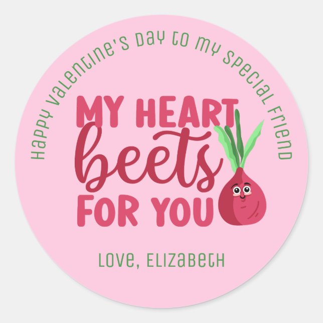Heart Beets Funny Pun Cute Valentine's Day Pink Classic Round Sticker (Front)