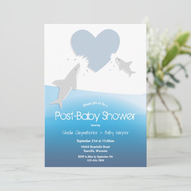 Heart Bites Sharks Post Baby Shower Invitation (Standing Front)
