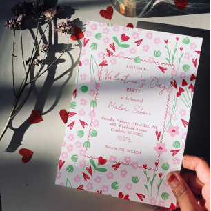 Heart Bloom Meadow on White – Pink & Red Valentine Invitation