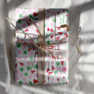 Heart Bloom Meadow on White – Pink & Red Valentine Wrapping Paper Sheet