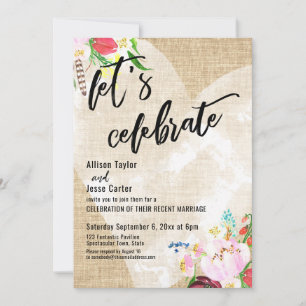 Heart Boho Floral Burlap Let's Celebrate Reception Invitation