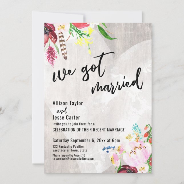 Heart Boho Floral Rustic Wood We Got Married Party Invitation (Front)