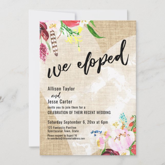 Heart Boho Flowers Burlap We Eloped Reception-Only Invitation (Front)
