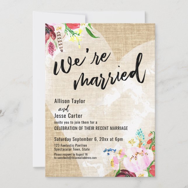 Heart Boho Flowers Burlap We're Married Reception Invitation (Front)