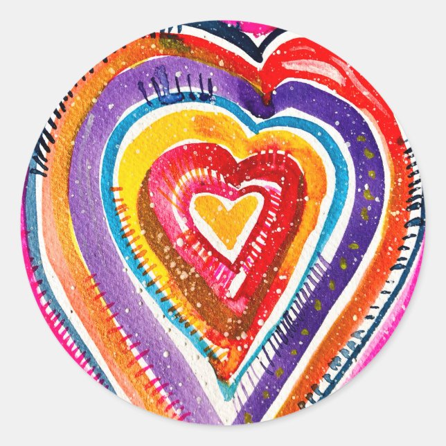 Heart boho watercolor art classic round sticker (Front)