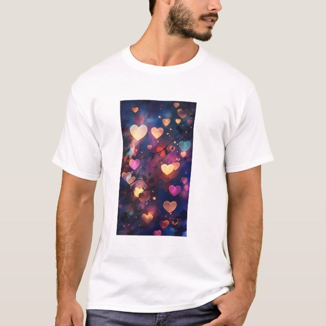Heart Bokeh Lights in a Dreamy Night Garden T-Shirt (Front)