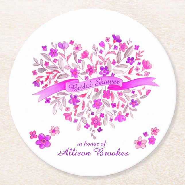 Heart bouquet flowers bridal shower coasters (Front)