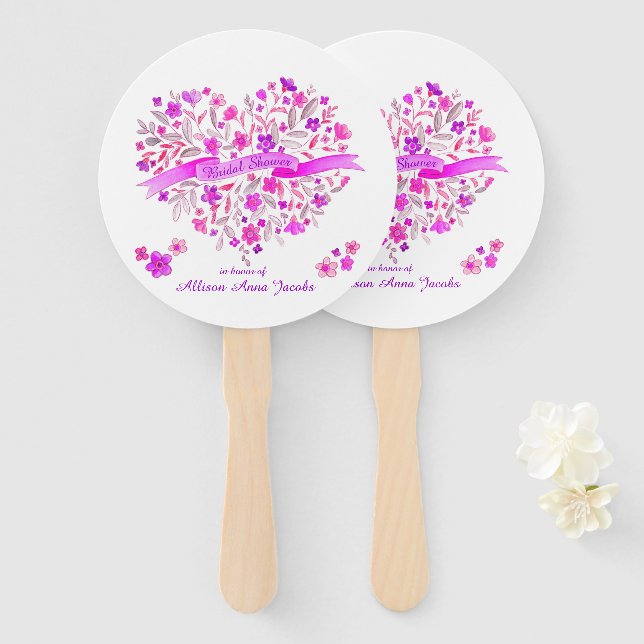 Heart bouquet purple pink bridal shower fans (Front and Back)