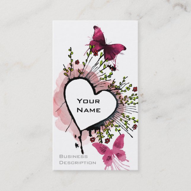 Heart, butterflies and flowers business card (Front)