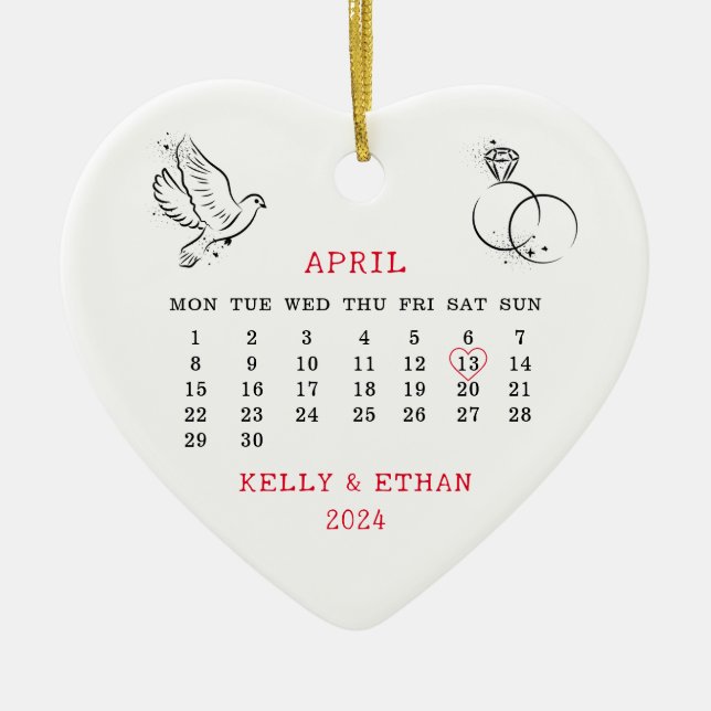 Heart Calendar Wedding Date April 2024 Ceramic Ornament (Front)