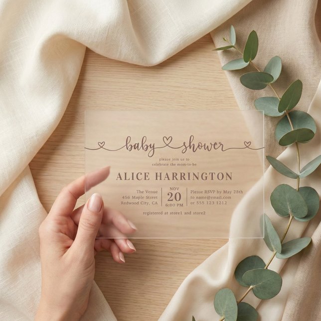 Heart Calligraphy Minimalist Brown Baby Shower Acrylic Invitations (Creator Uploaded)