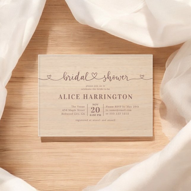 Heart Calligraphy Minimalist Brown Bridal Shower Acrylic Invitations (Creator Uploaded)