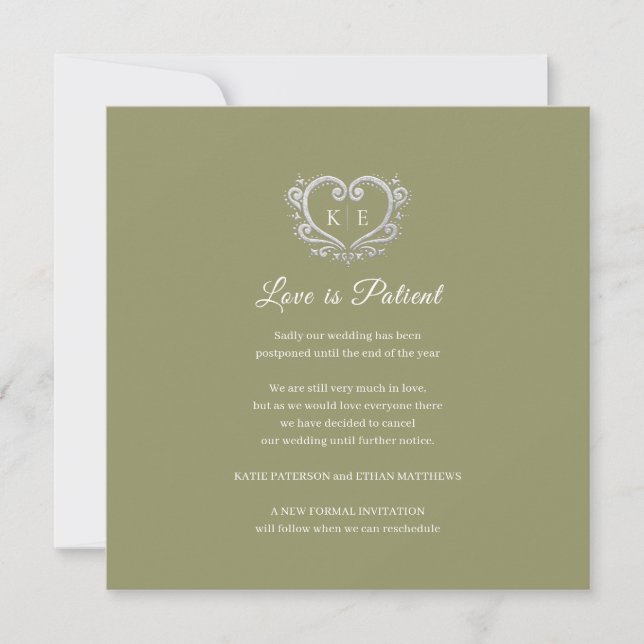 Heart cancelled wedding love patient fern green announcement (Front)