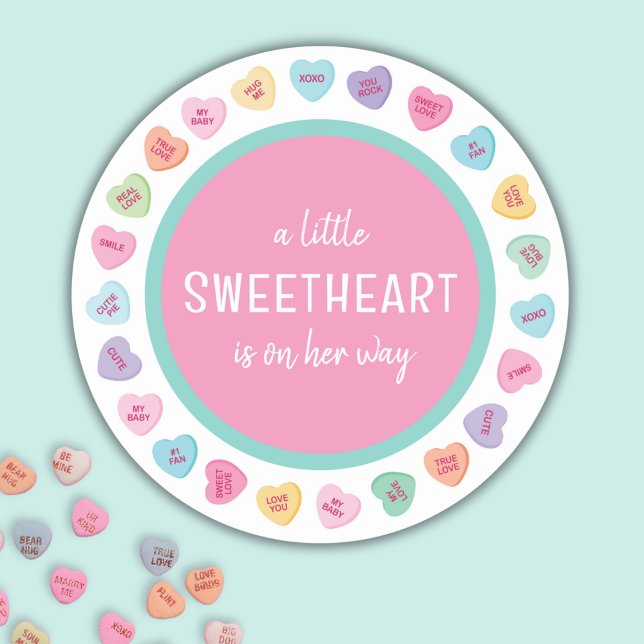 Heart candy baby shower classic round sticker (Creator Uploaded)