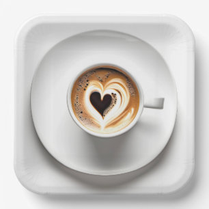 Heart Cappuccino In White Coffee Cup Paper Plate