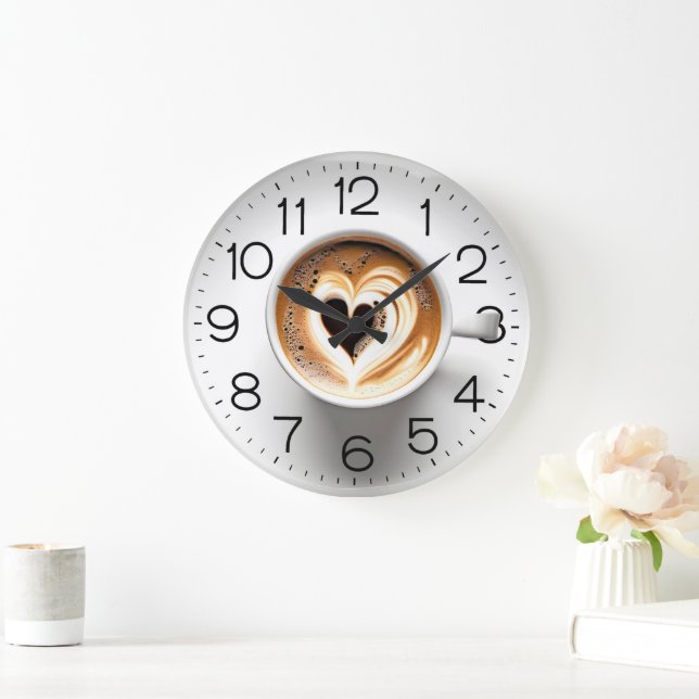 Heart Cappuccino In White Cup Large Clock (Home)