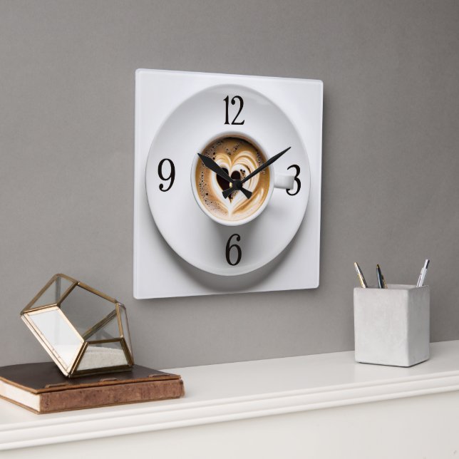 Heart Cappuccino In White Cup Square Wall Clock (Office)