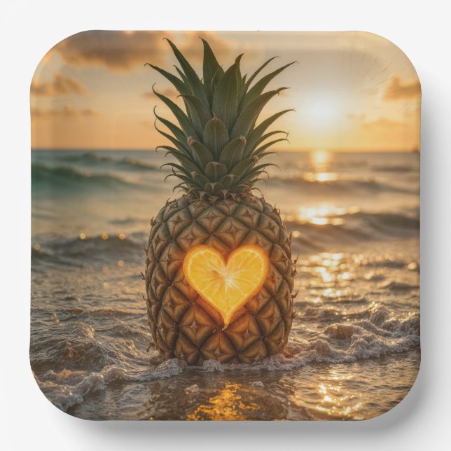 Heart Carved In a Pineapple On a Beach Paper Plate (Front)