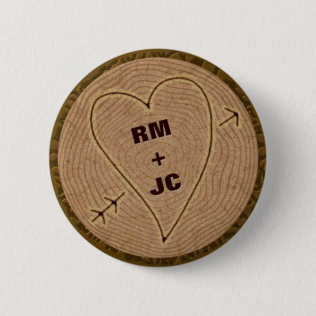 Heart Carved Initials Wood Tree Rings Personalized 2 Inch Round Button (Front)