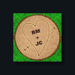 Heart Carved Initials Wood Tree Rings Personalized Canvas Print<br><div class="desc">This beautiful, romantic rustic nature stretched canvas design is perfect for a wedding, anniversary or Valentine's Day. It has a wood texture look, like the top view of a tree stump complete with rings and a bark border. A heart with arrow has been carved into it. Use the template field...</div>